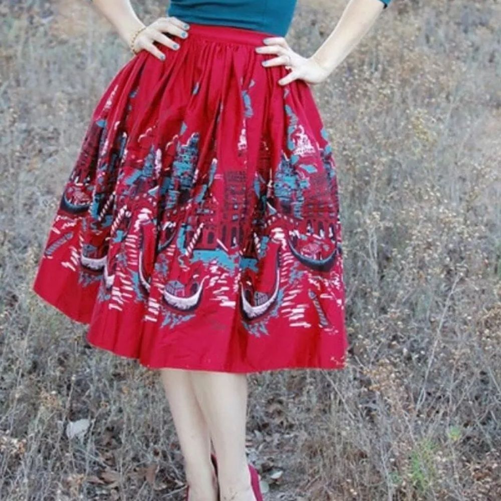 Pinup Couture Red Venetian Print Circle Skirt